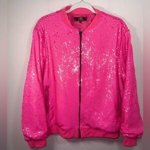 L&B Lucky and Bless Hot Pink Sequin Bomber Zip Up Jacket Size Large